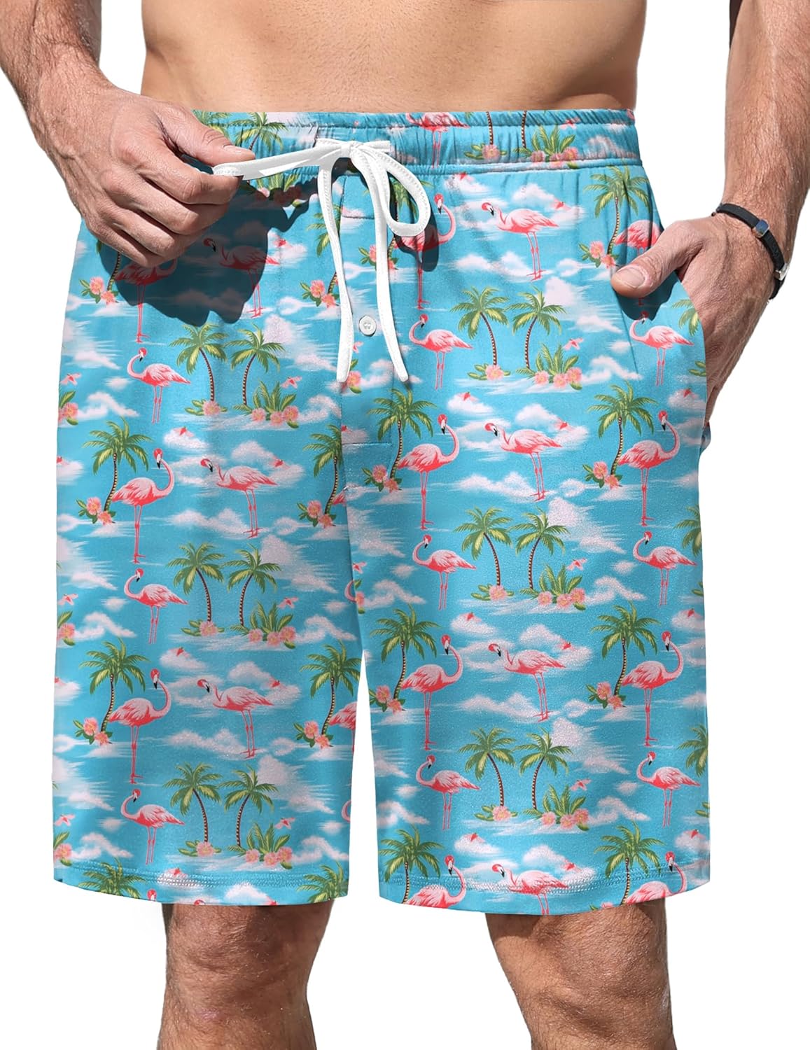 Light blue pajama shorts with flamingo and palm tree print