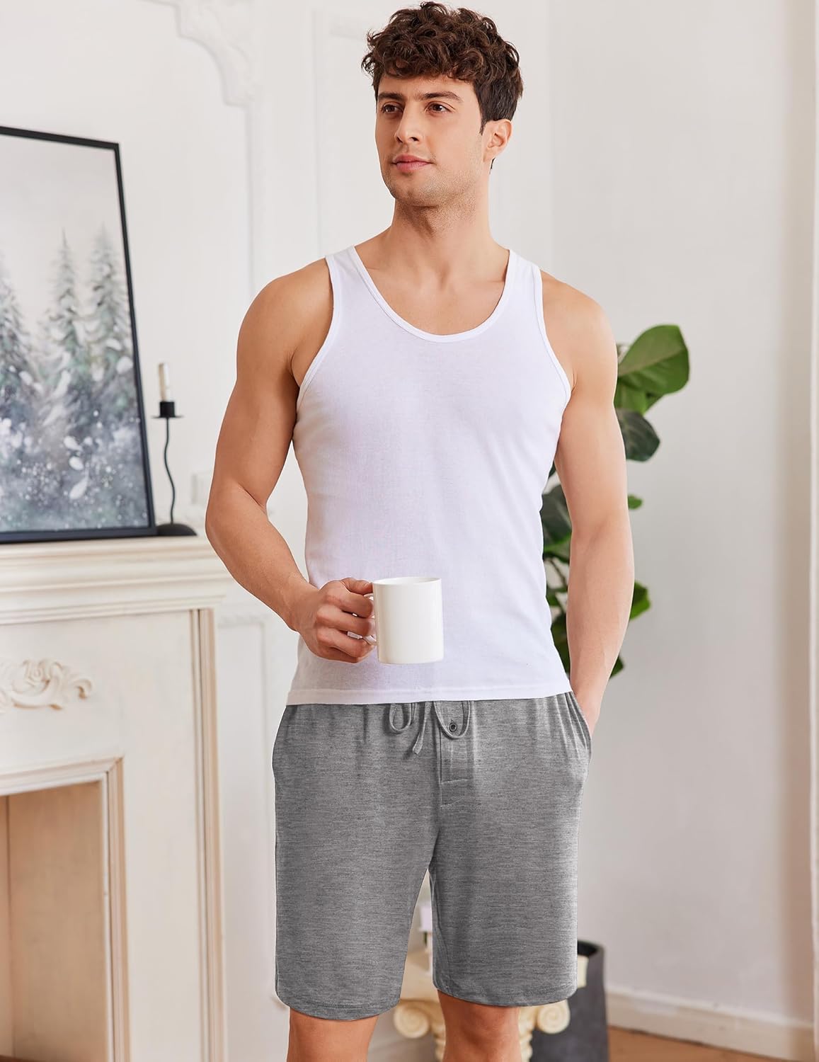 Light grey pajama shorts with drawstring waist