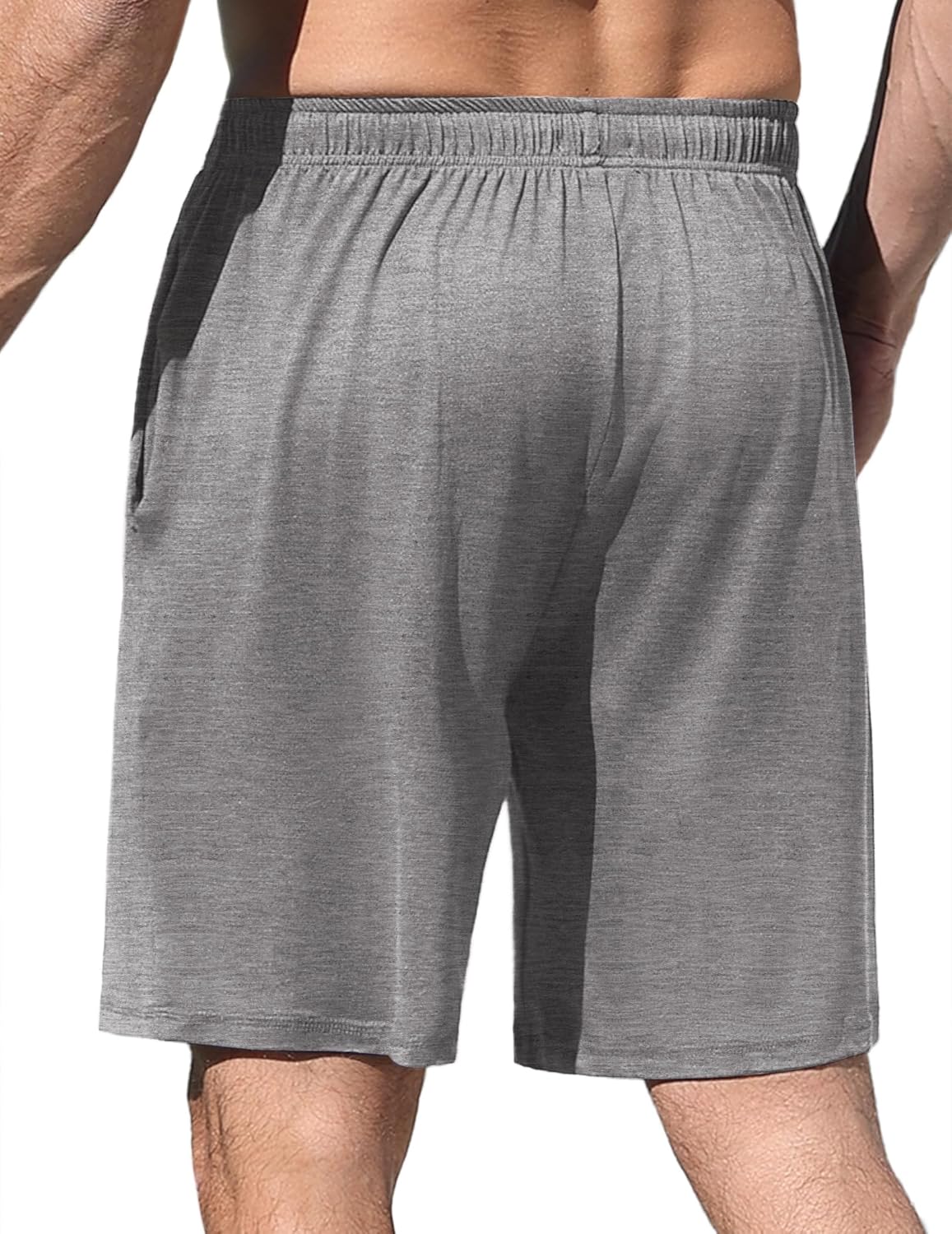 Grey pajama shorts front view, elastic waistband with drawstring