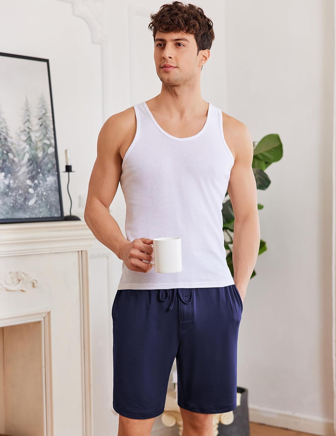 Ekouaer navy pajama shorts with drawstring waist and knee-length hem