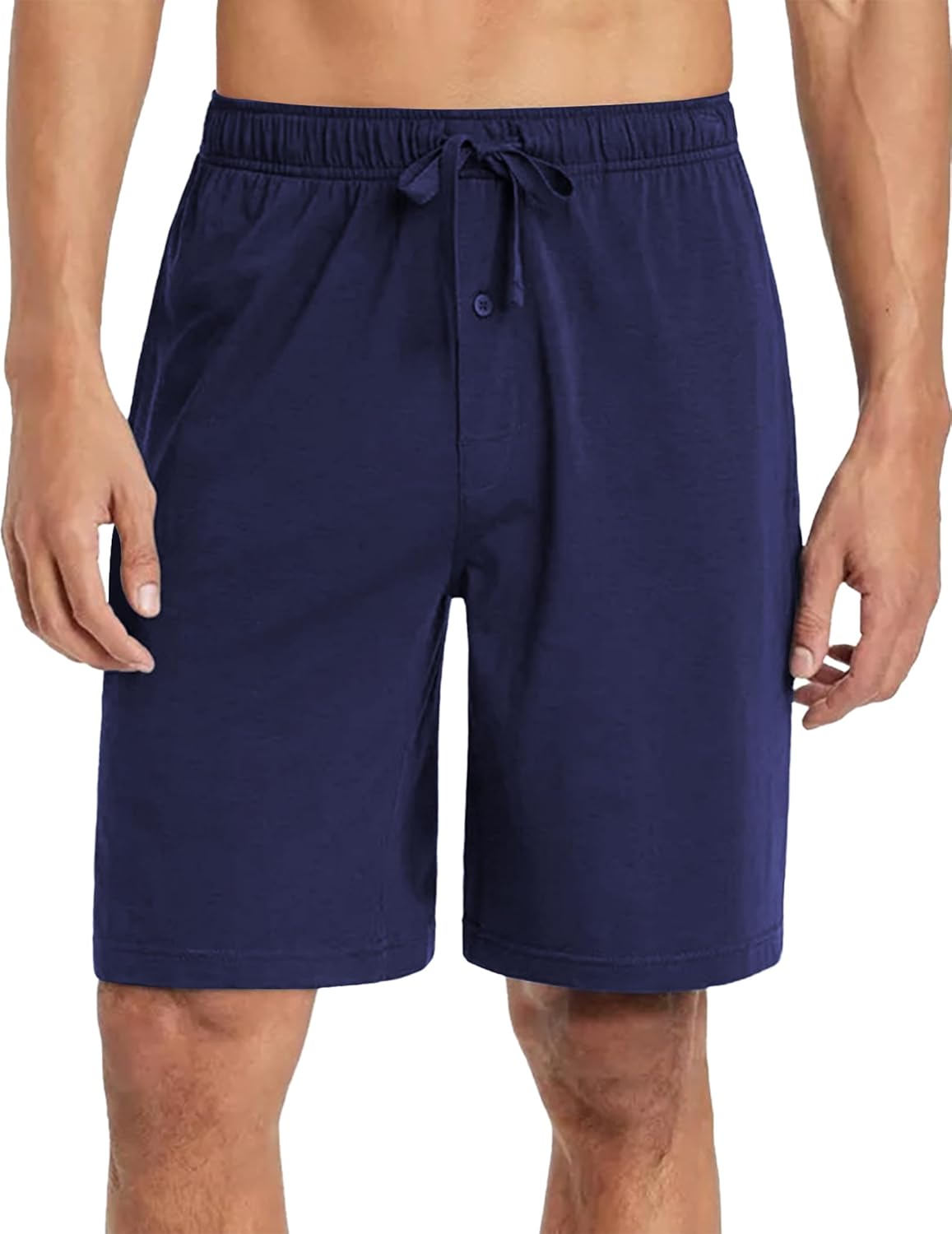 Navy blue pajama shorts with drawstring waist and button front placket