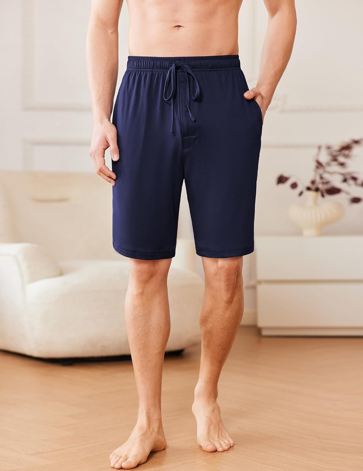 Men’s pajama shorts in navy blue with drawstring waist and side pockets