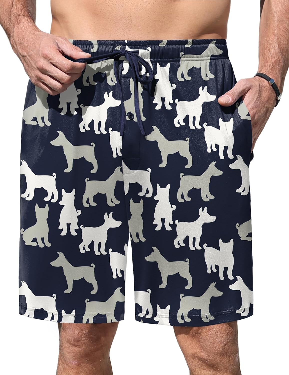 Navy pajama shorts with all-over white dog print