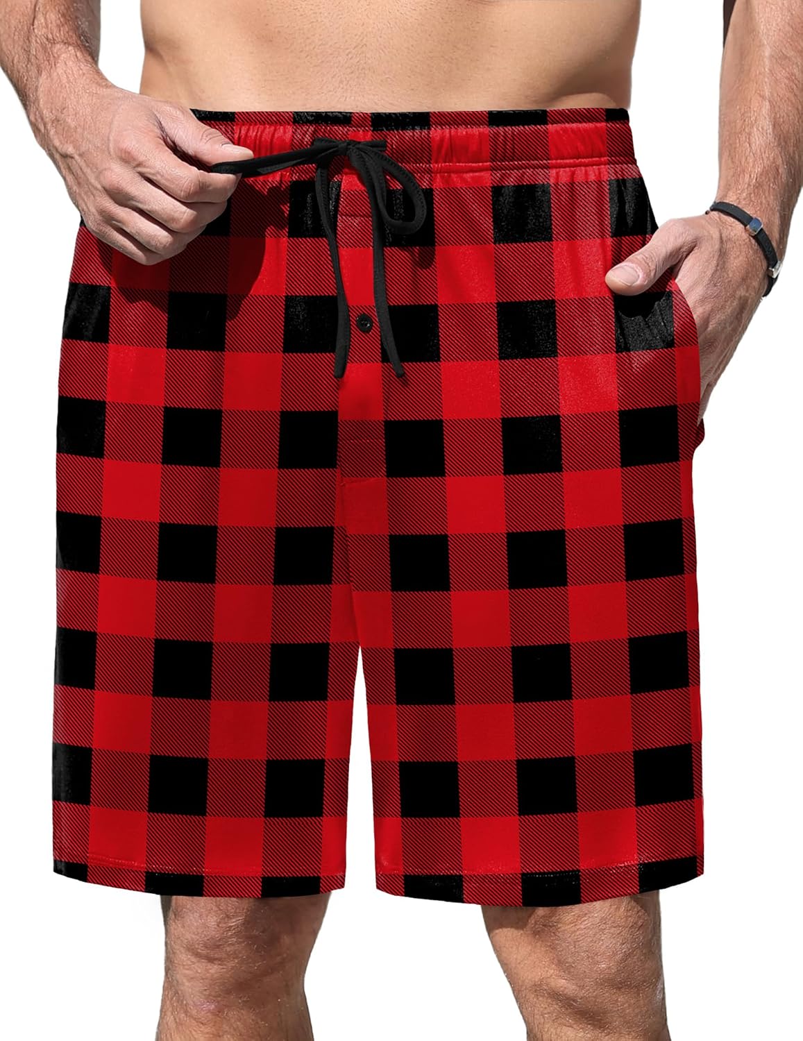 Men's pajama shorts in red and black plaid with drawstring waist and button fly detail