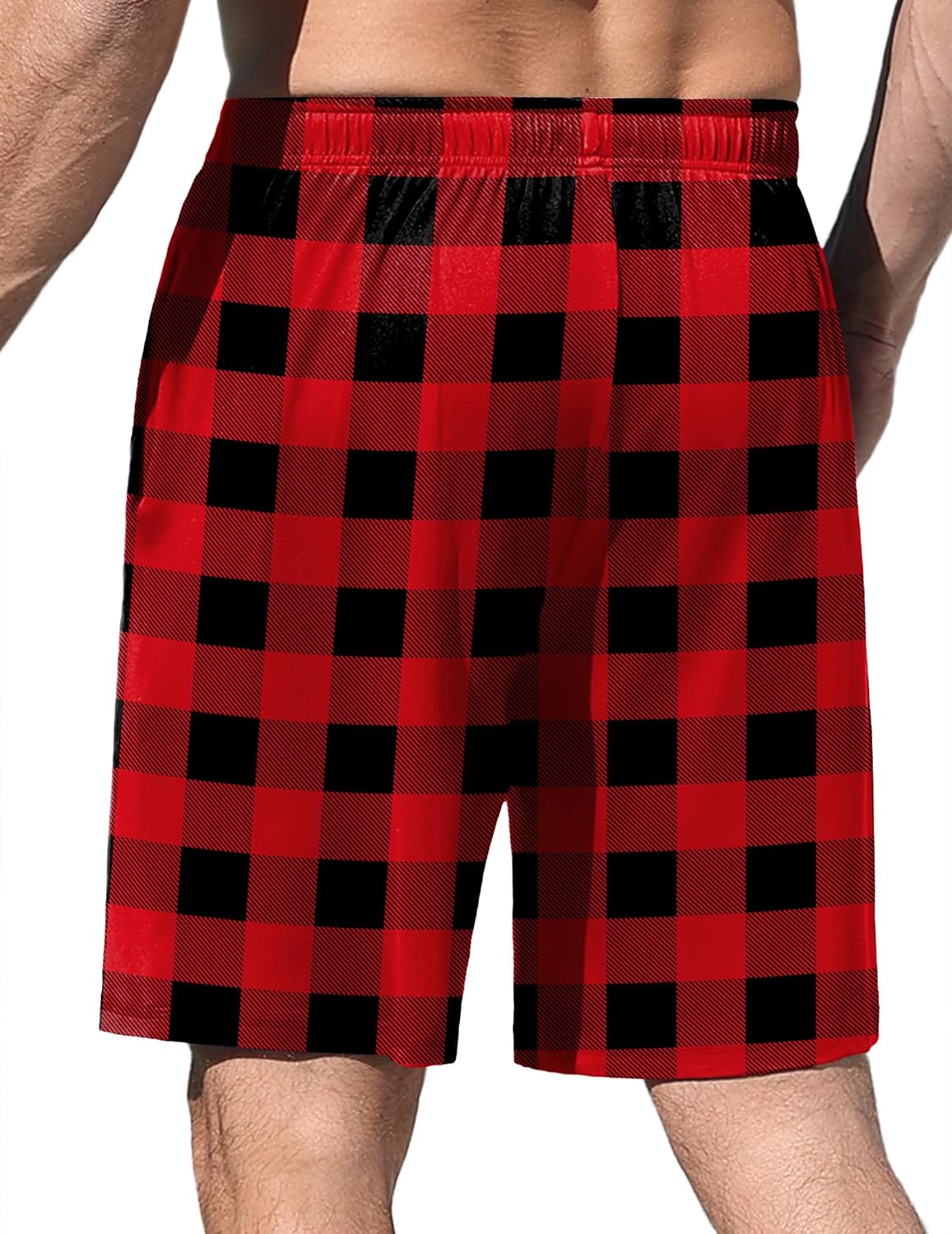 Red and black plaid pajama shorts with elastic waistband and black drawstring