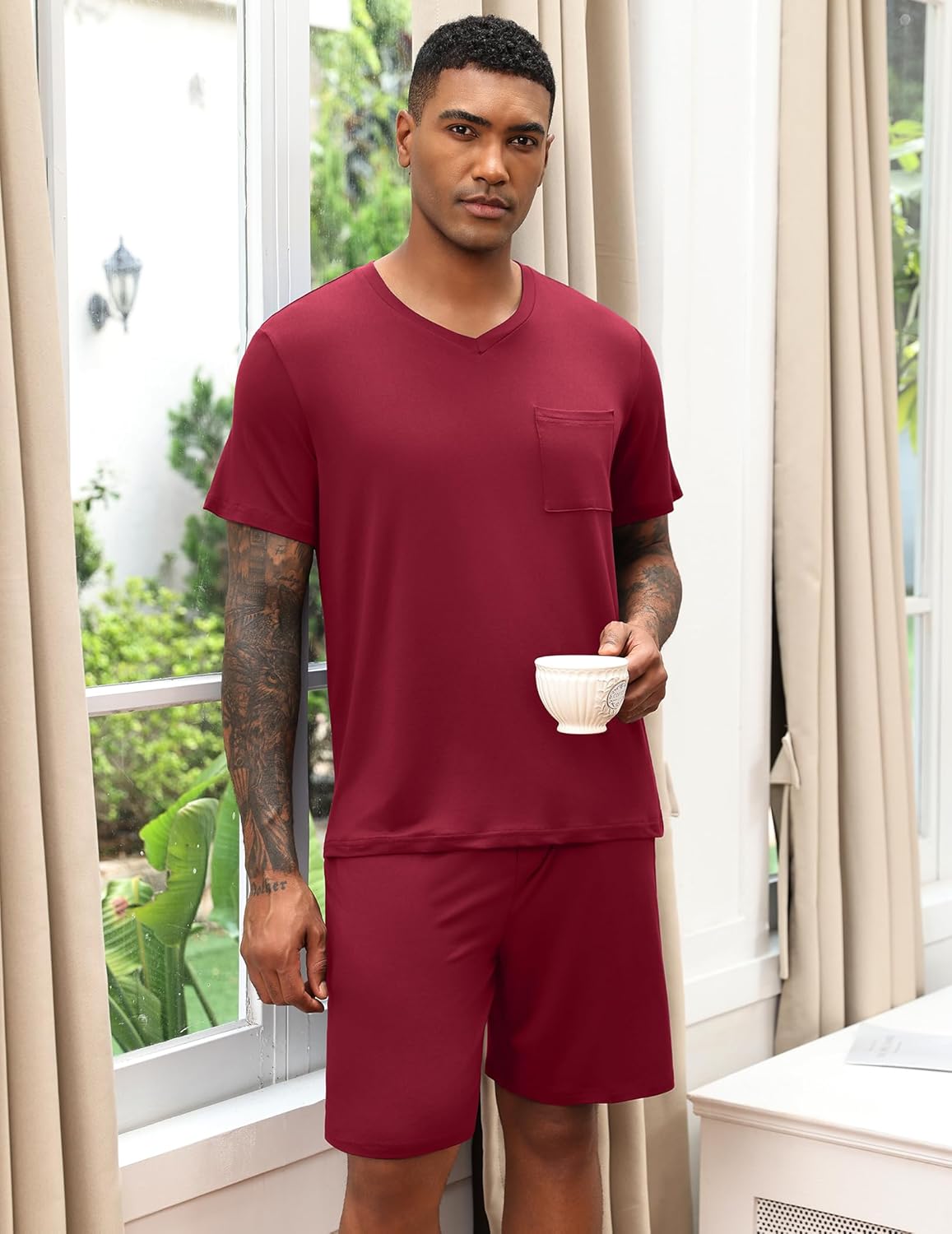 Dark red V-neck lounge pajama set with short sleeves and front pocket