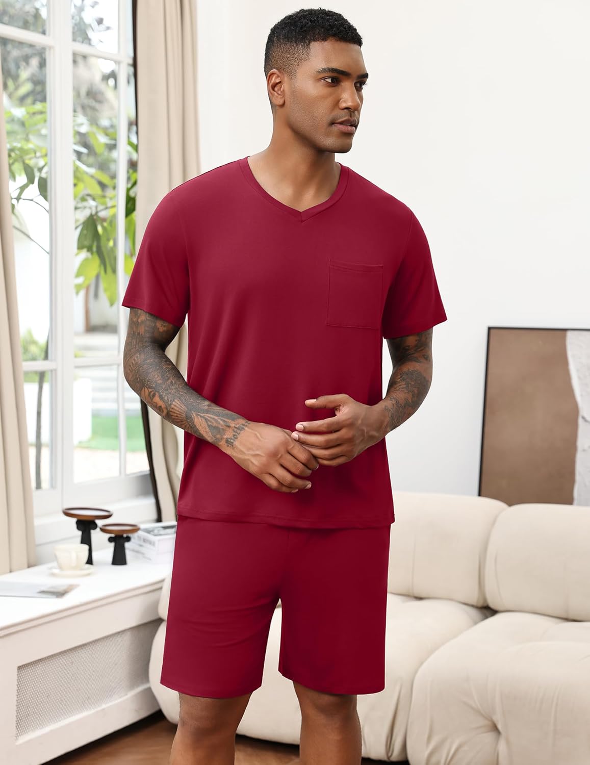 Men's dark red V-neck pajama set with chest pocket and matching shorts