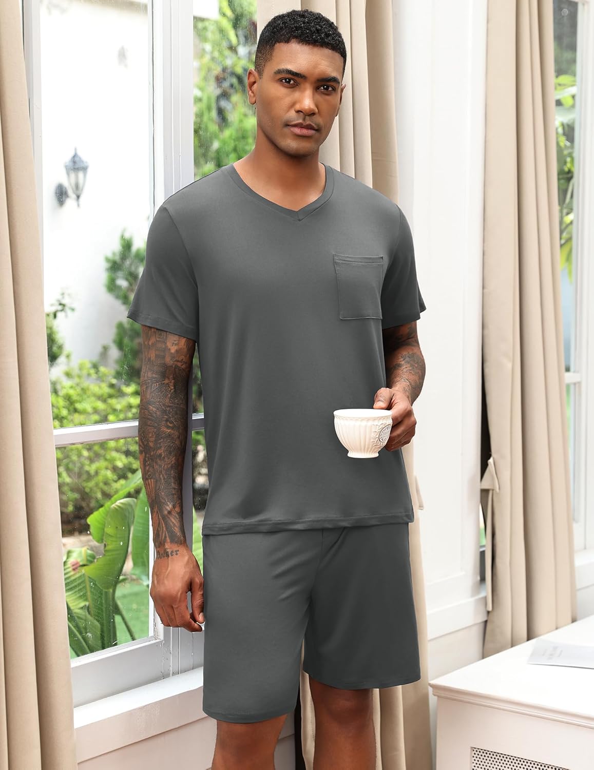 Heather grey V-neck pajama set with chest pocket and solid grey shorts