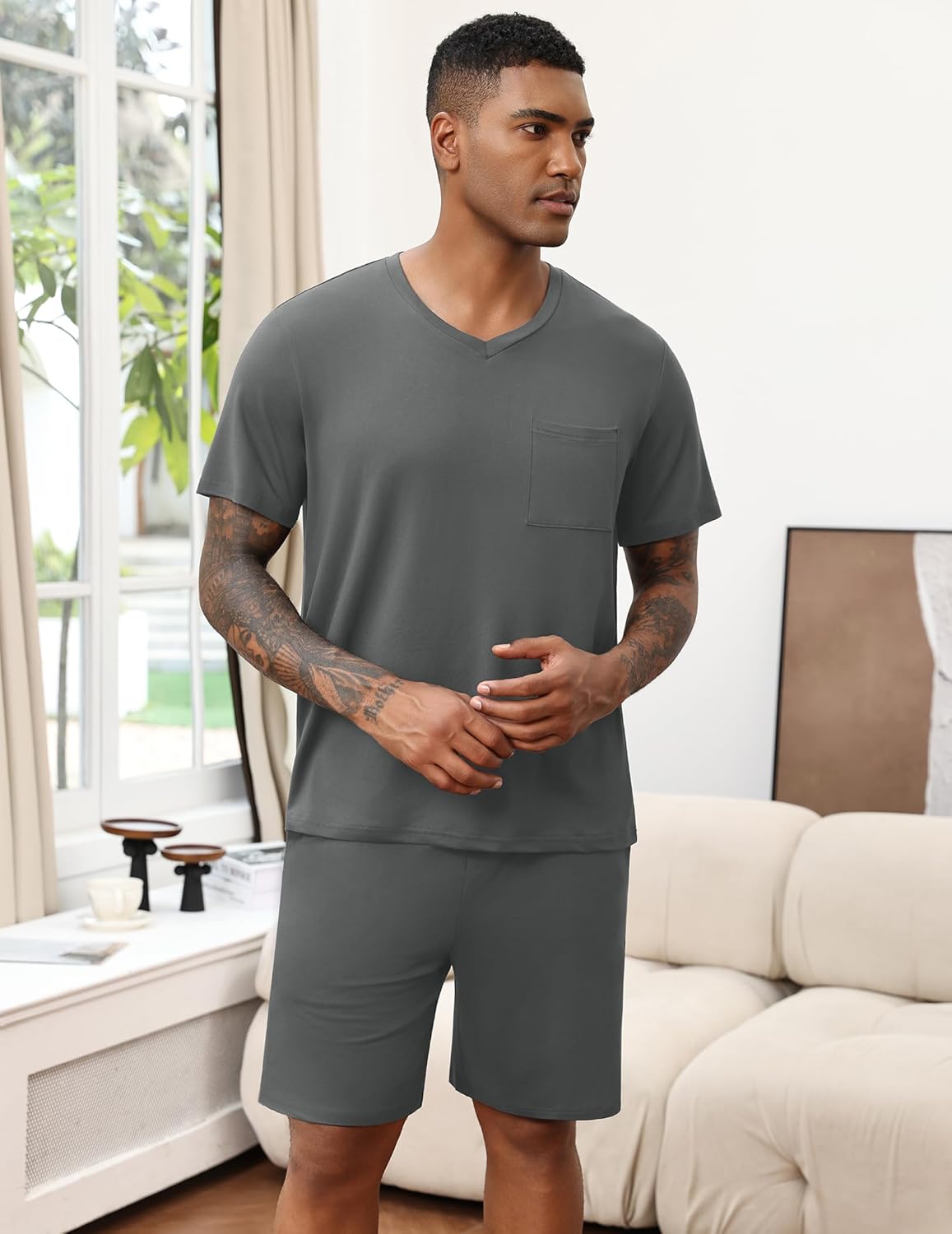 Grey V-neck pajama set with chest pocket and solid grey shorts
