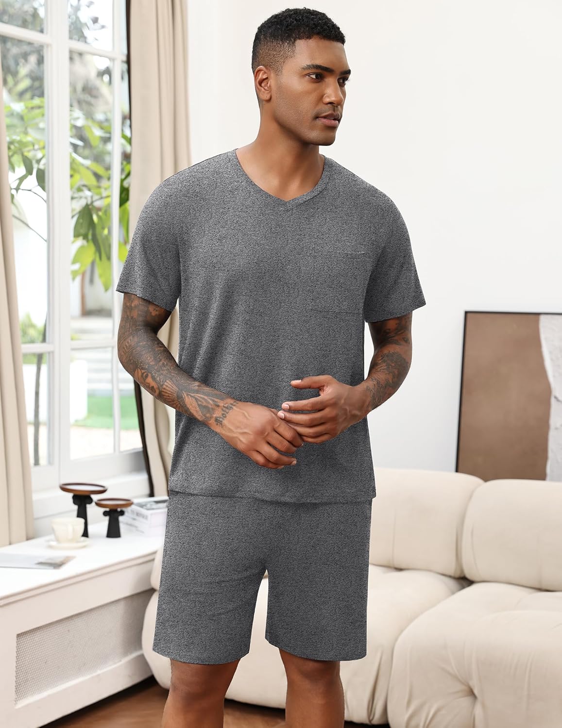 Heather grey men's pajama set with V-neck T-shirt and matching shorts.