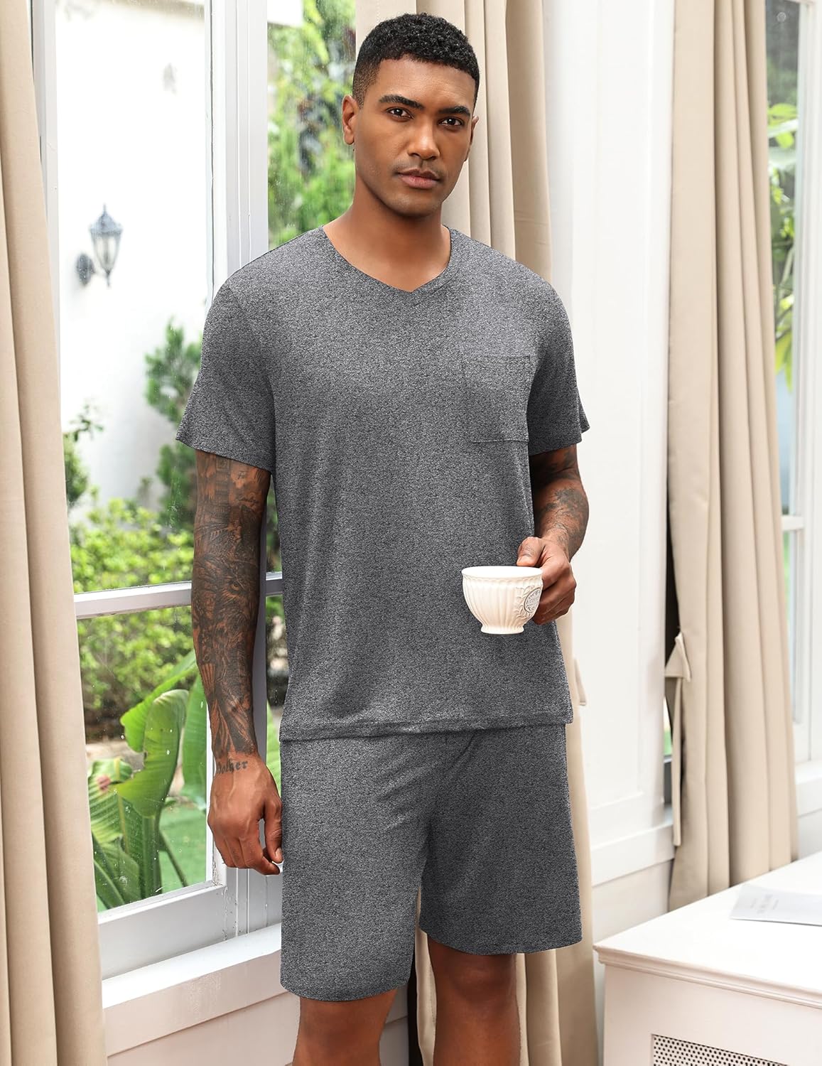 Heather grey V-neck pajama set with solid shorts and relaxed fit.