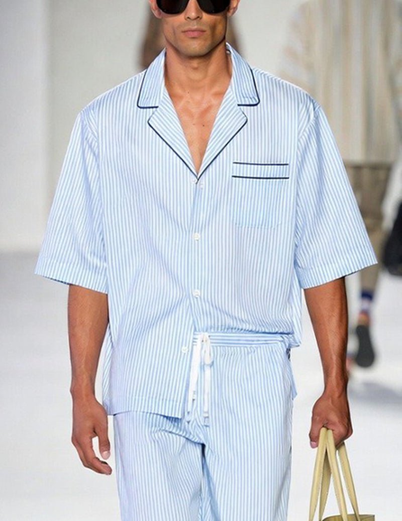Light blue pinstripe short-sleeve pajama shirt with contrasting trim and chest pocket