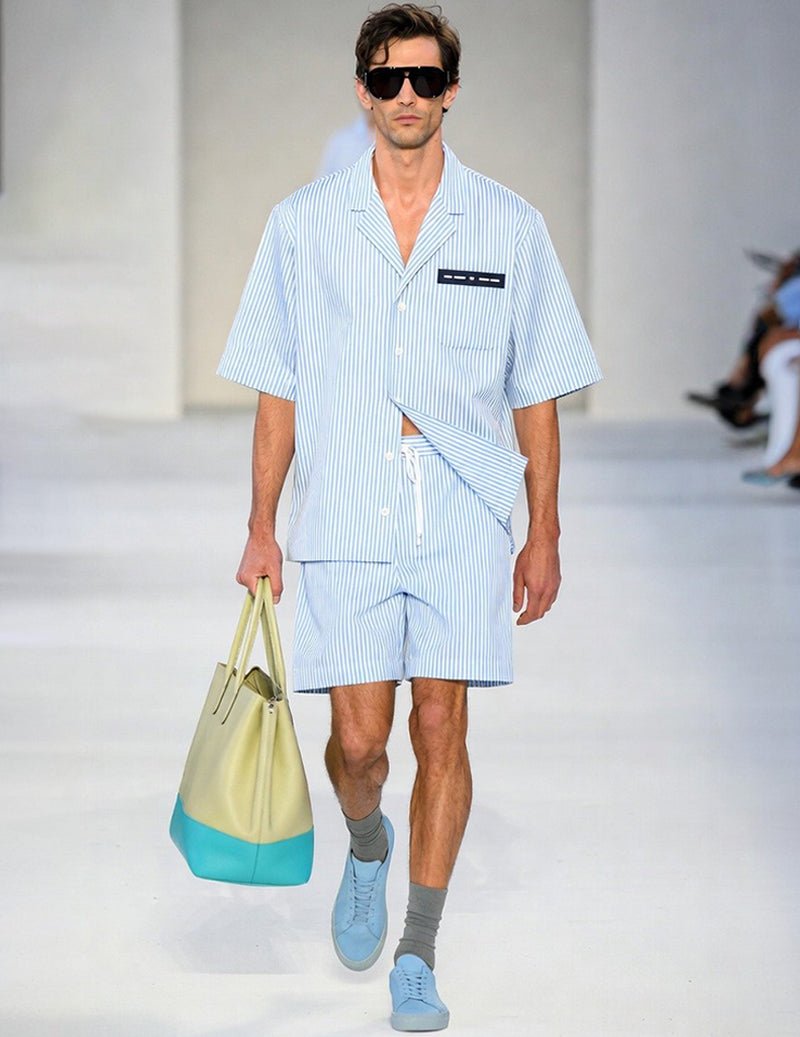 Light blue pinstripe short-sleeve shirt and matching shorts set, contrasting trim