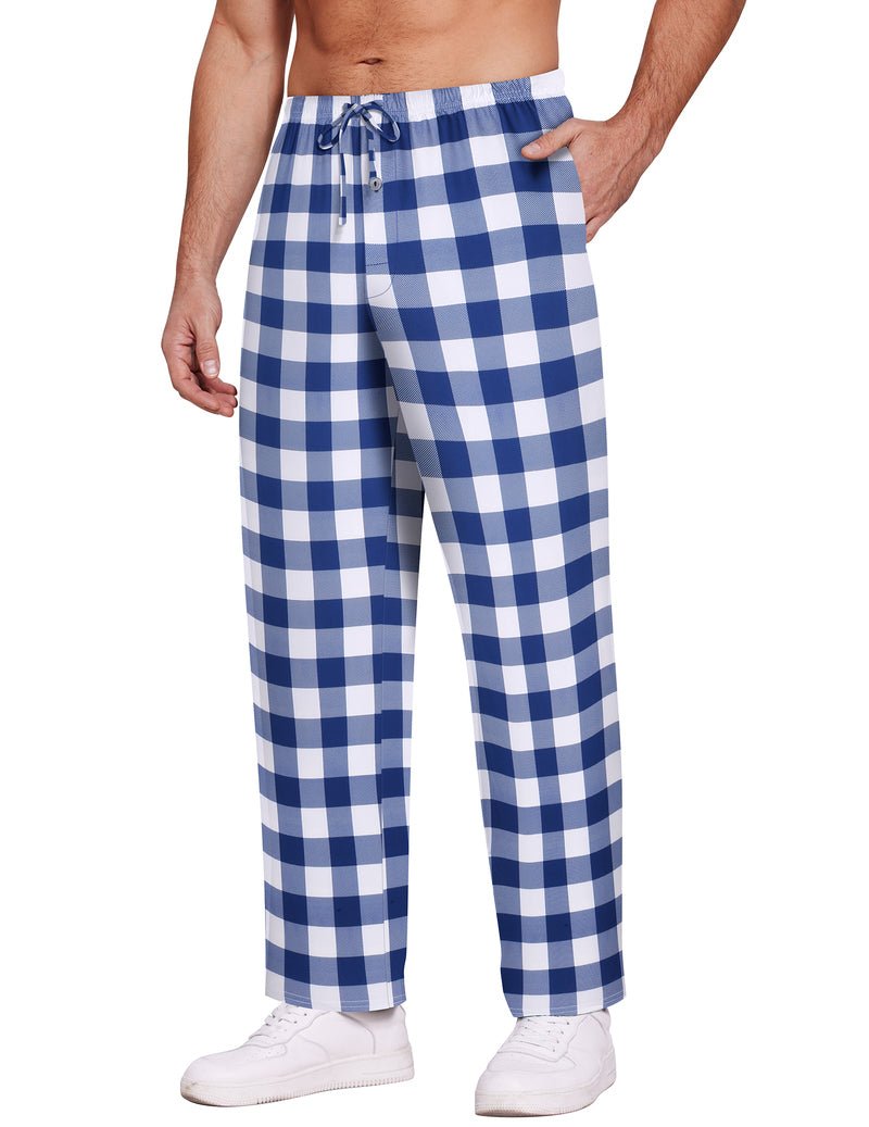 Plaid pajama lounge pants with drawstring waist and side pockets, blue and white gingham