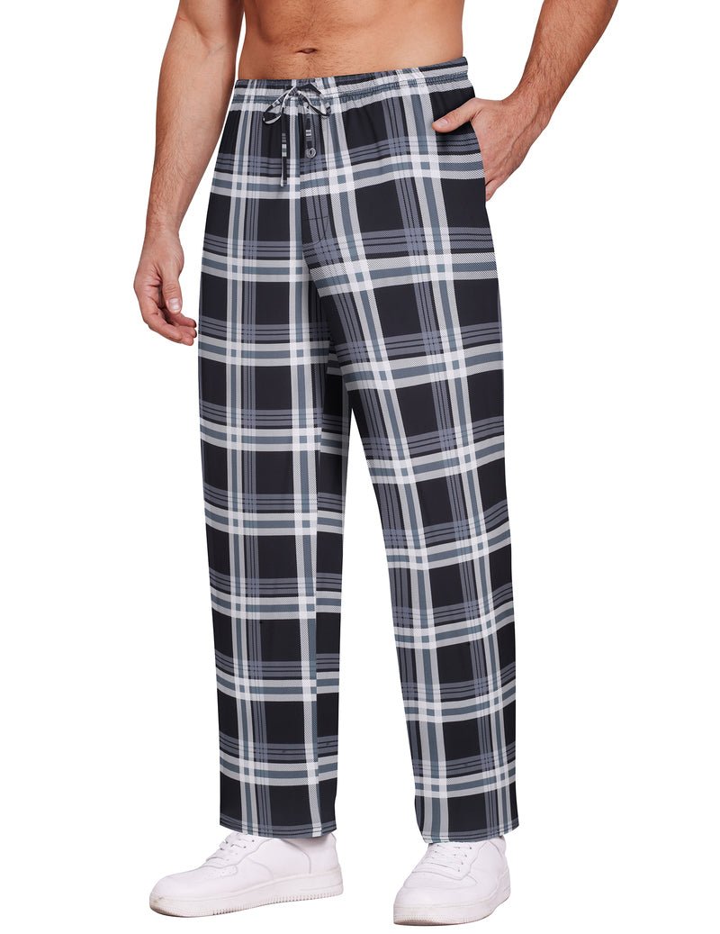 Plaid pajama lounge pants with drawstring waist and side pockets, gray black and white checks