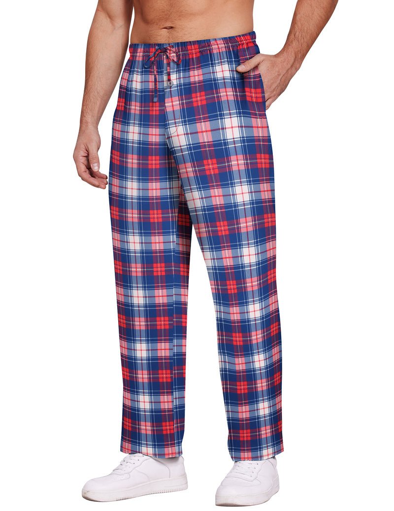Plaid pajama lounge pants with drawstring waist and side pockets, red blue and white checks