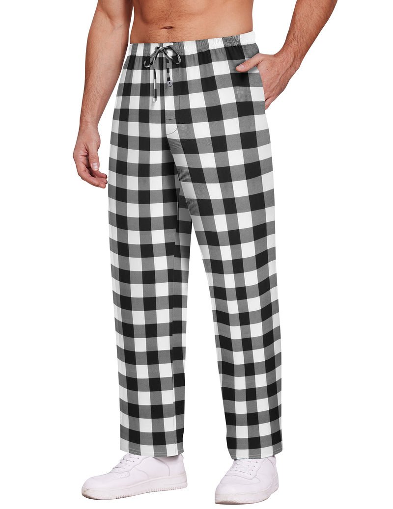 Plaid pajama lounge pants with drawstring waist and side pockets, black and white grid