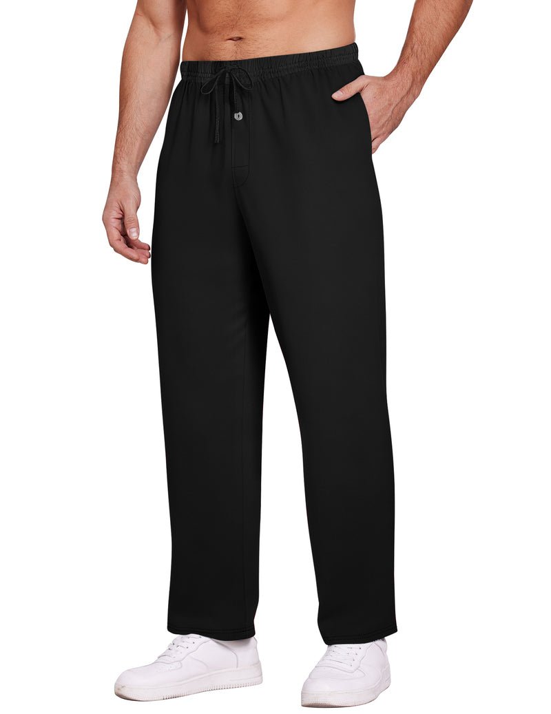 Herren Pyjama-Loungehose, schwarz, Kordelzug in elastischem Bund, weites Bein