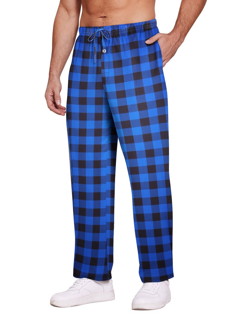 Plaid pajama lounge pants with drawstring waist and side pockets, blue and black buffalo check