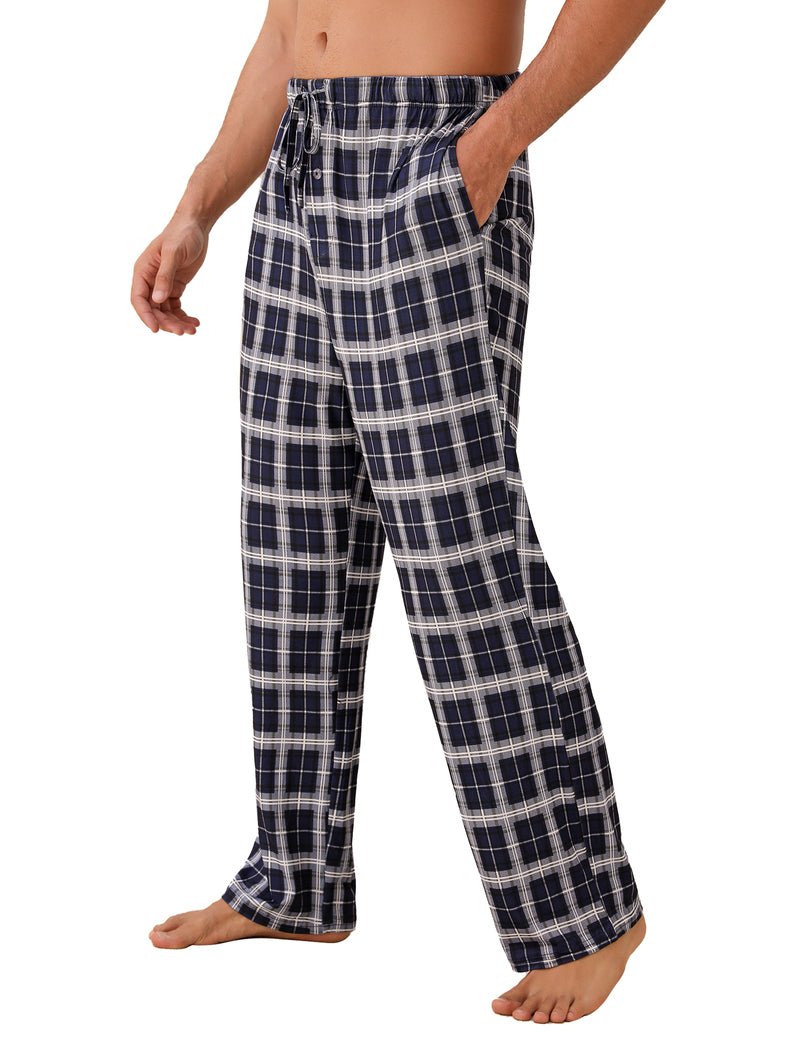 Plaid pajama lounge pants with drawstring waist and side pockets, navy white plaid stripe pattern
