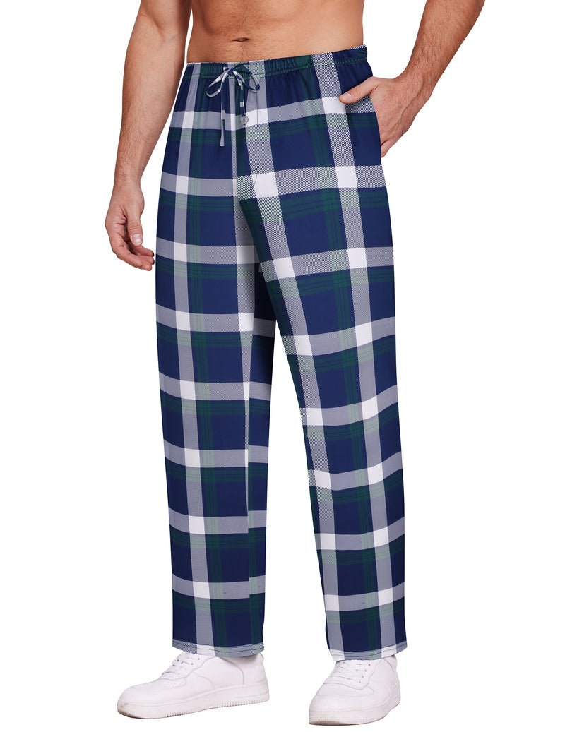 Plaid pajama lounge pants with drawstring waist and side pockets, navy teal and white grid