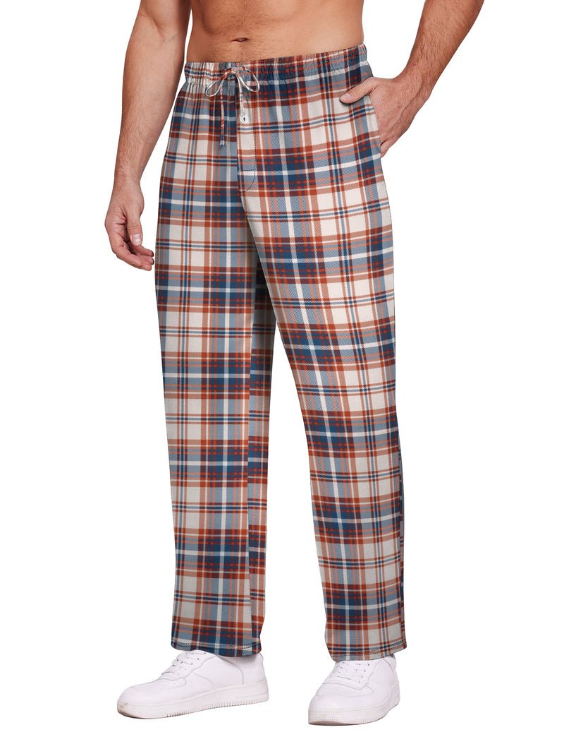 Plaid pajama lounge pants with drawstring waist and side pockets, blue-red white checks