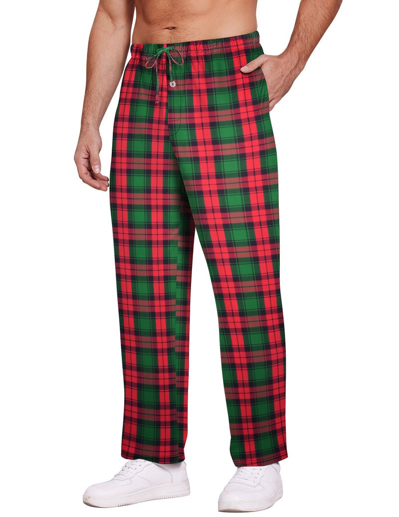 Plaid pajama lounge pants with drawstring waist and side pockets, red and green tartan