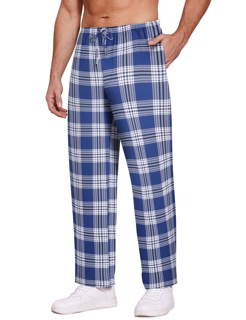 Men's plaid lounge pants, blue and white wide checks, drawstring elastic waist