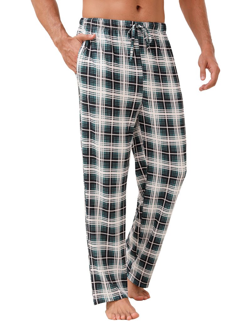 Men's plaid lounge pants, dark green and white check pattern, drawstring elastic waist
