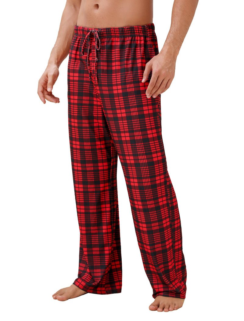 Men's plaid pajama pants, red and black buffalo check, drawstring elastic waistband