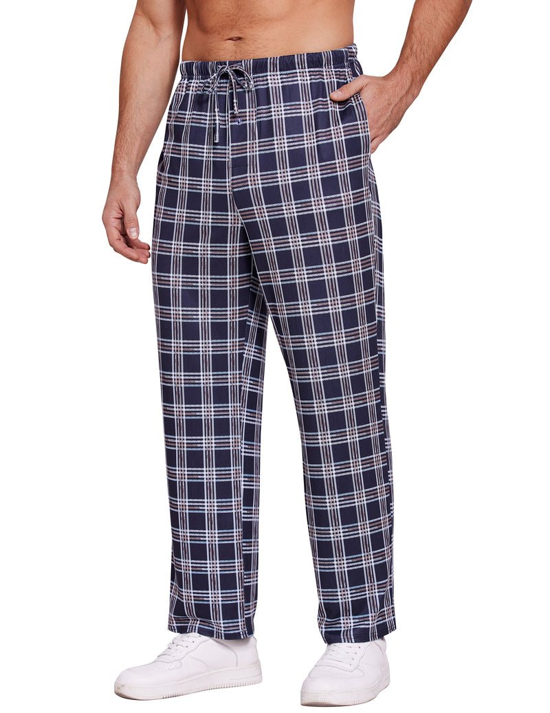 Men's plaid lounge pants, dark navy with white check grid, drawstring elastic waist