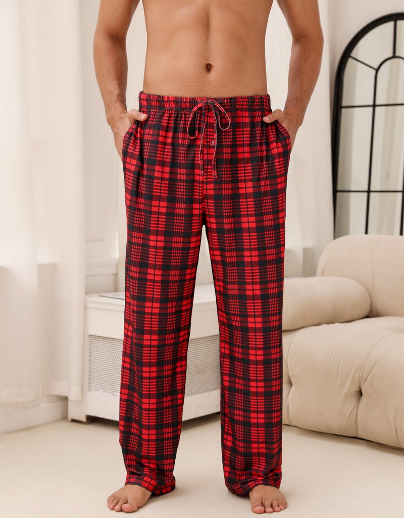 Karierte Pyjama-Loungehose für Herren, rot/schwarz, gerader Schnitt, Kordelzug