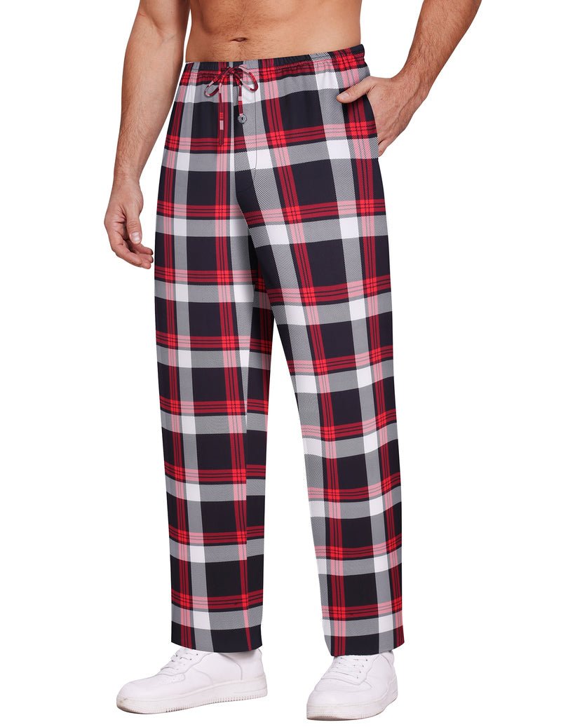 Plaid pajama lounge pants with drawstring waist and side pockets, black red white checks