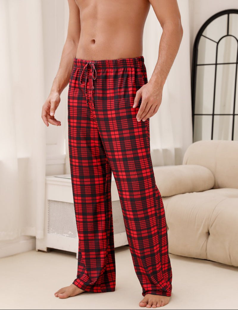 Karierte Pyjama-Loungehose für Herren, rot/schwarz, mit Kordelzug und Taschen
