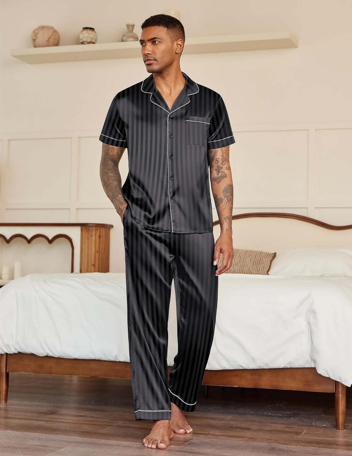Mens satin pajama set, striped short-sleeve button-up and lounge pants, dark stripes