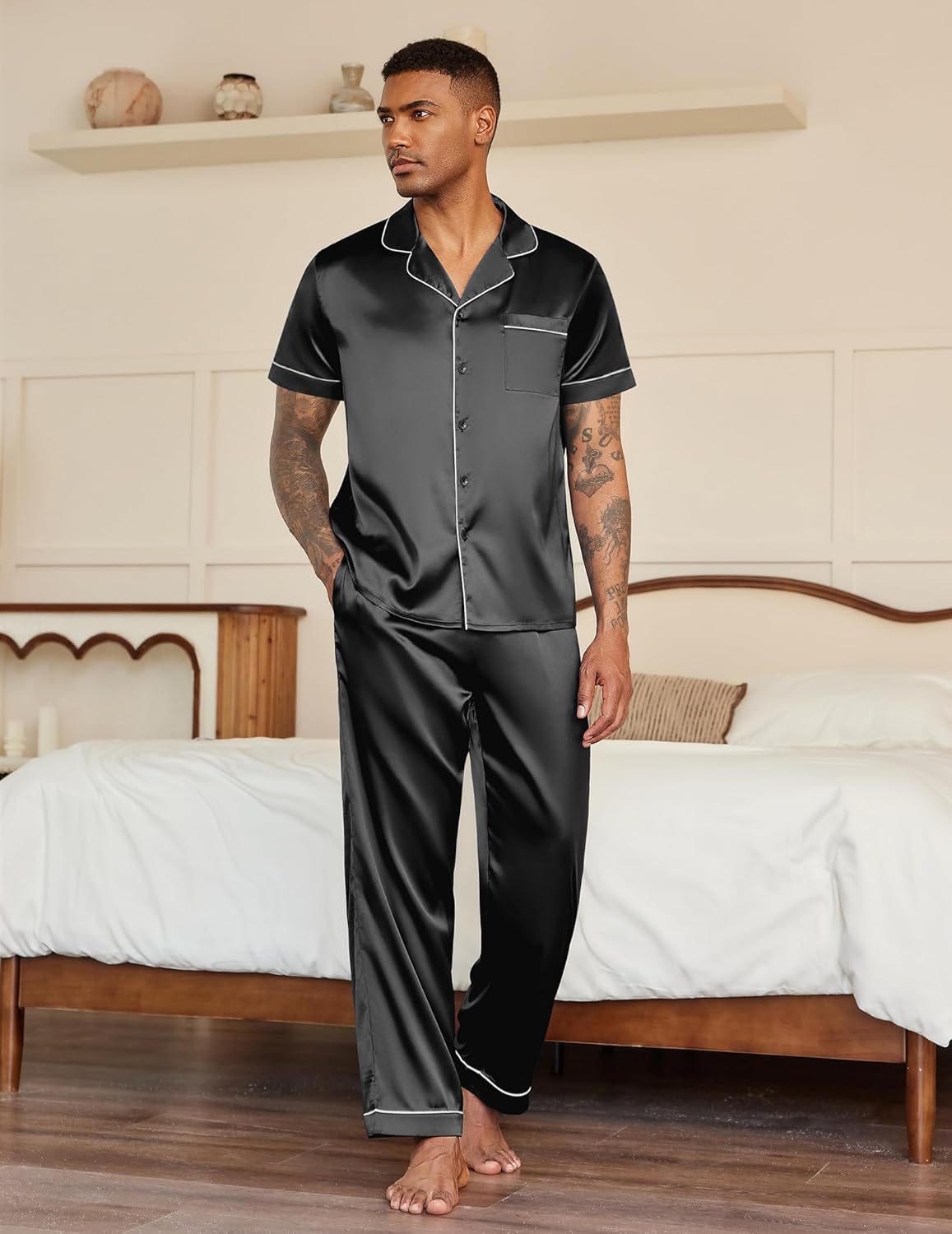 Ekouaer mens satin pajama set, black short-sleeve button shirt with chest pocket