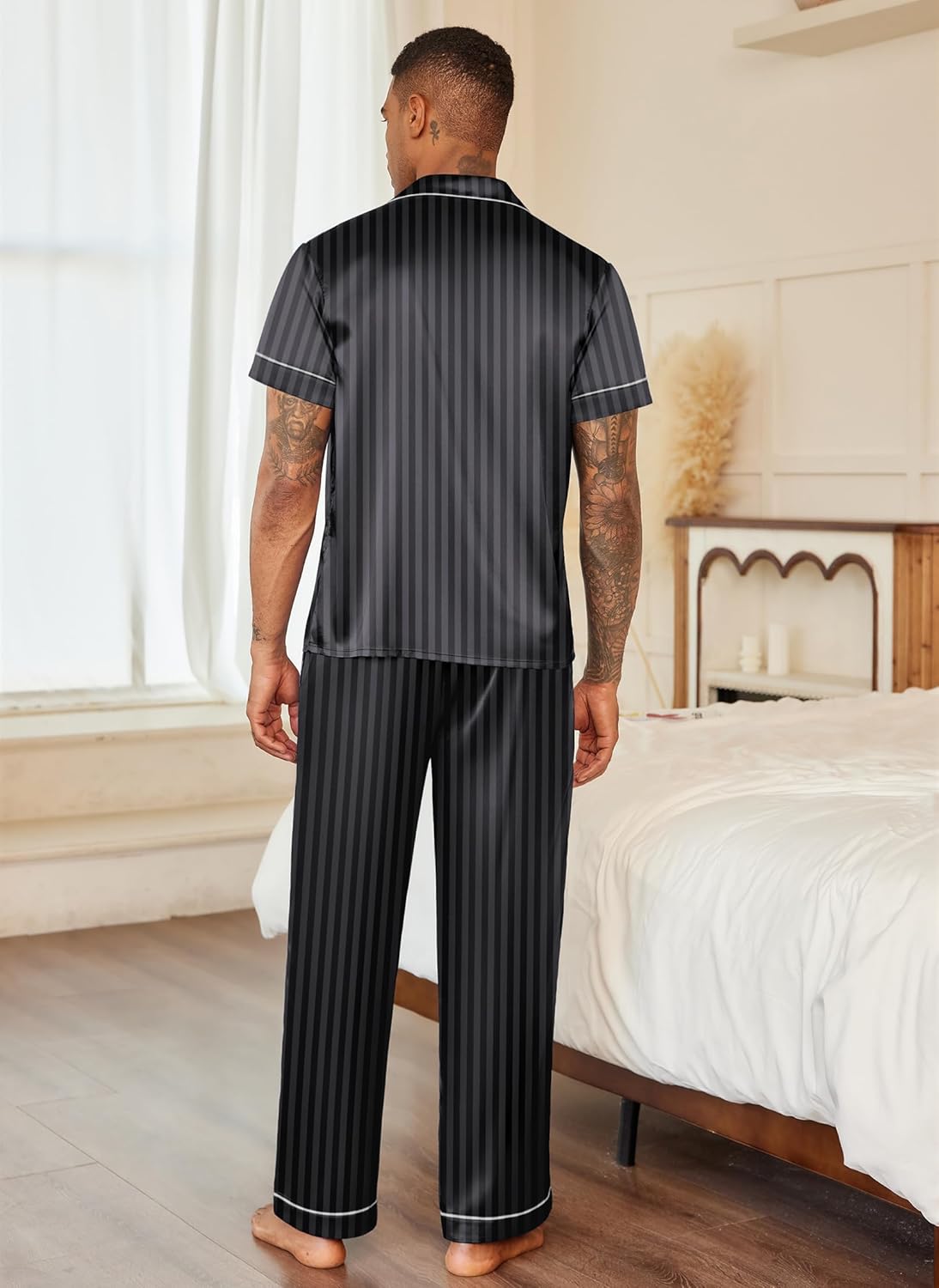 Mens satin pajama set, vertical striped button-up and pants, dark stripes, back view