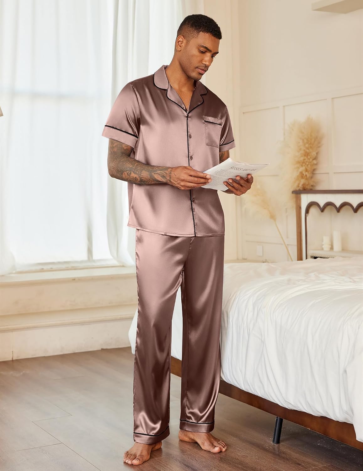 Men’s satin pajama set in champagne: short-sleeve button-up top and matching long pants