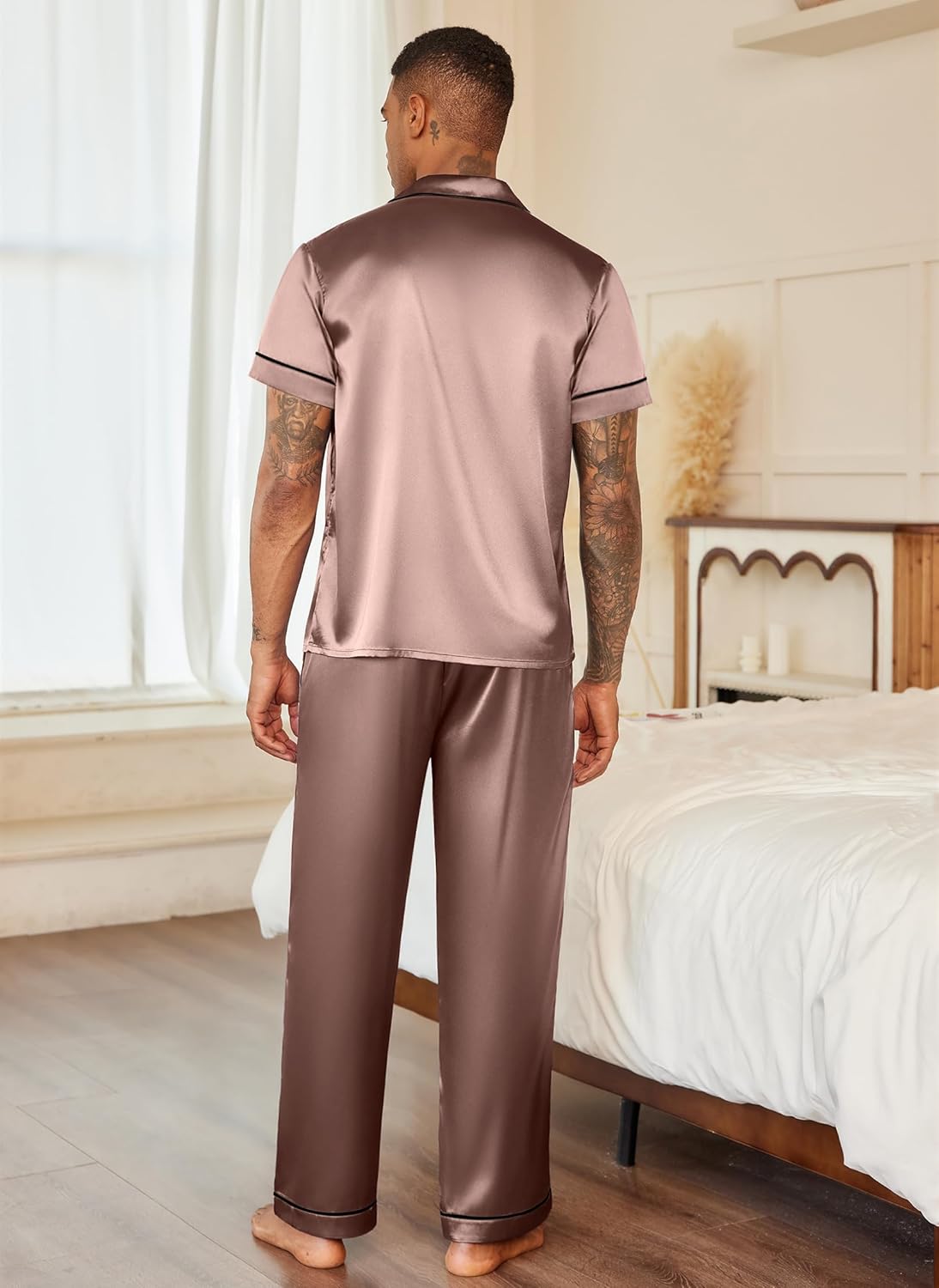 Mens satin pajama set, short-sleeve button-up and pants, champagne color, back view