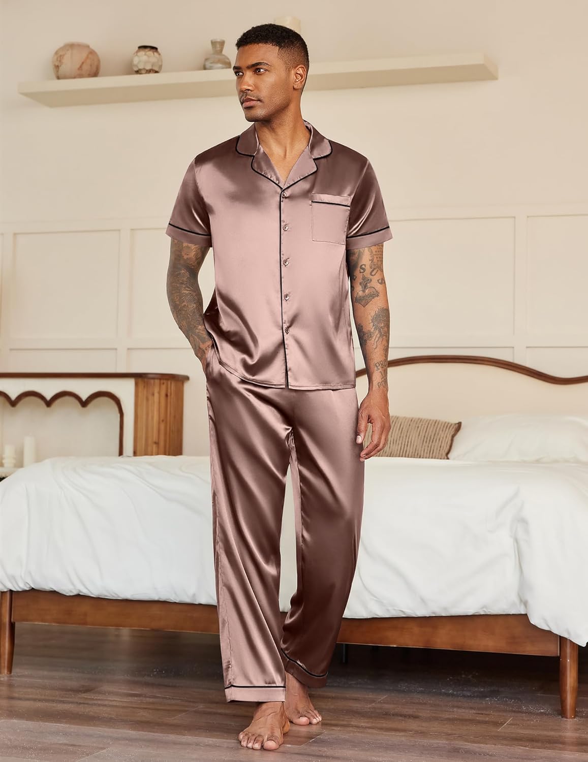 Men’s champagne satin pajama set: button-front short-sleeve shirt with pocket and pants