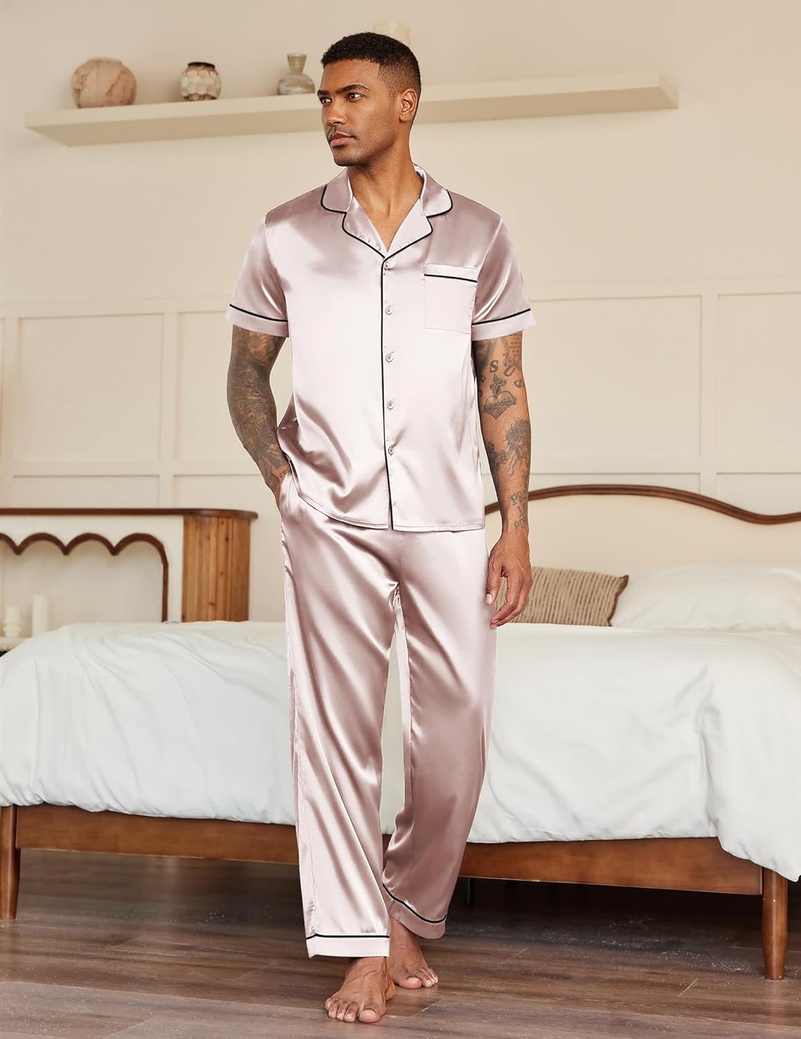 Ekouaer mens satin pajama set, champagne short-sleeve button shirt with chest pocket