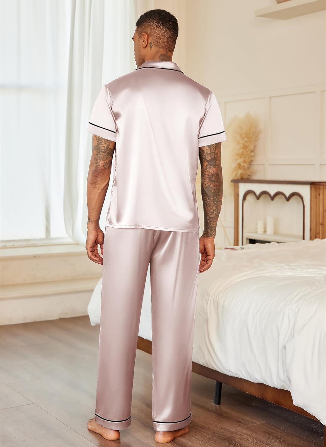 Mens satin pajama set, champagne short-sleeve button top and long pants, back view