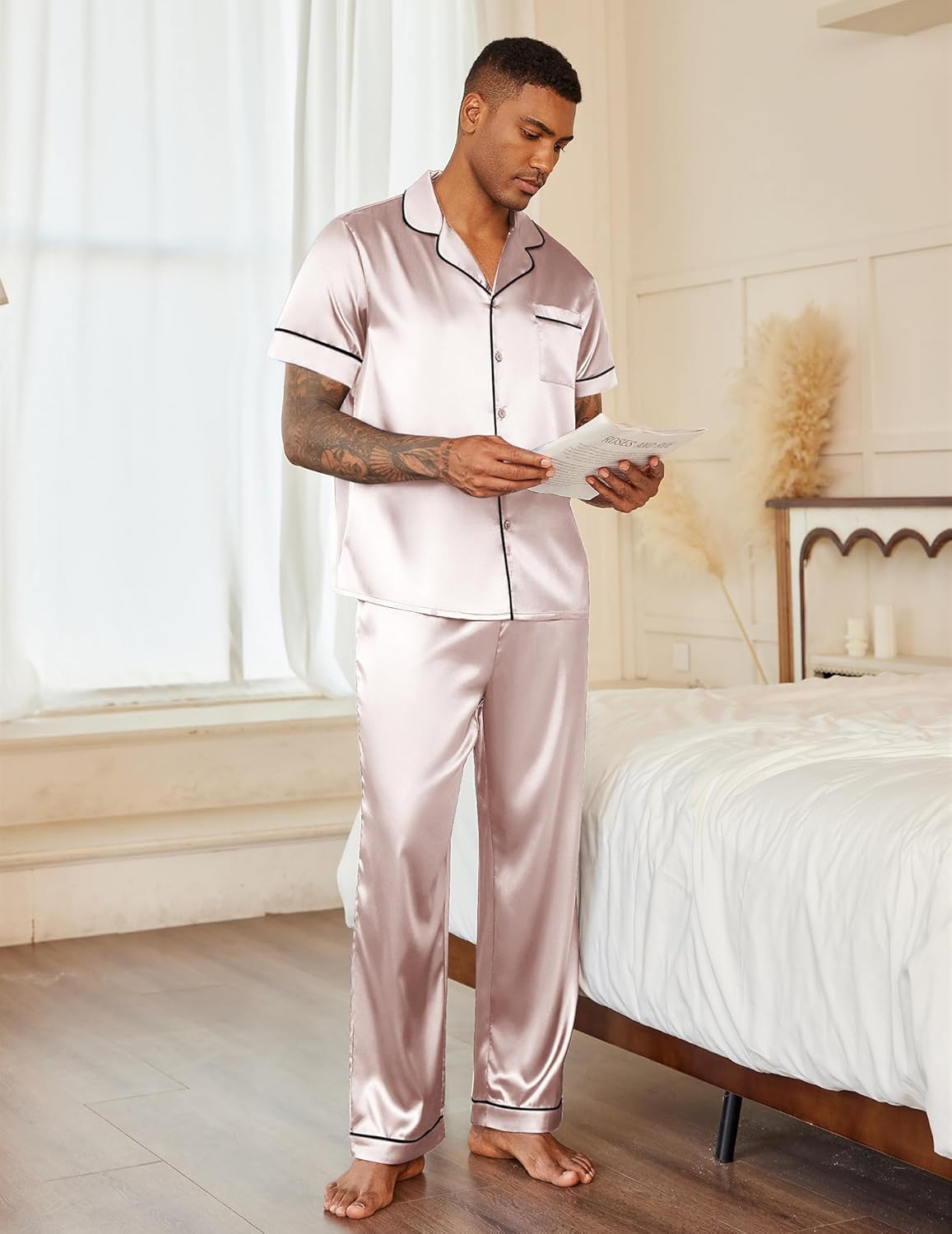 Mens satin pajama set with button-down shirt and pants, champagne with contrast trim