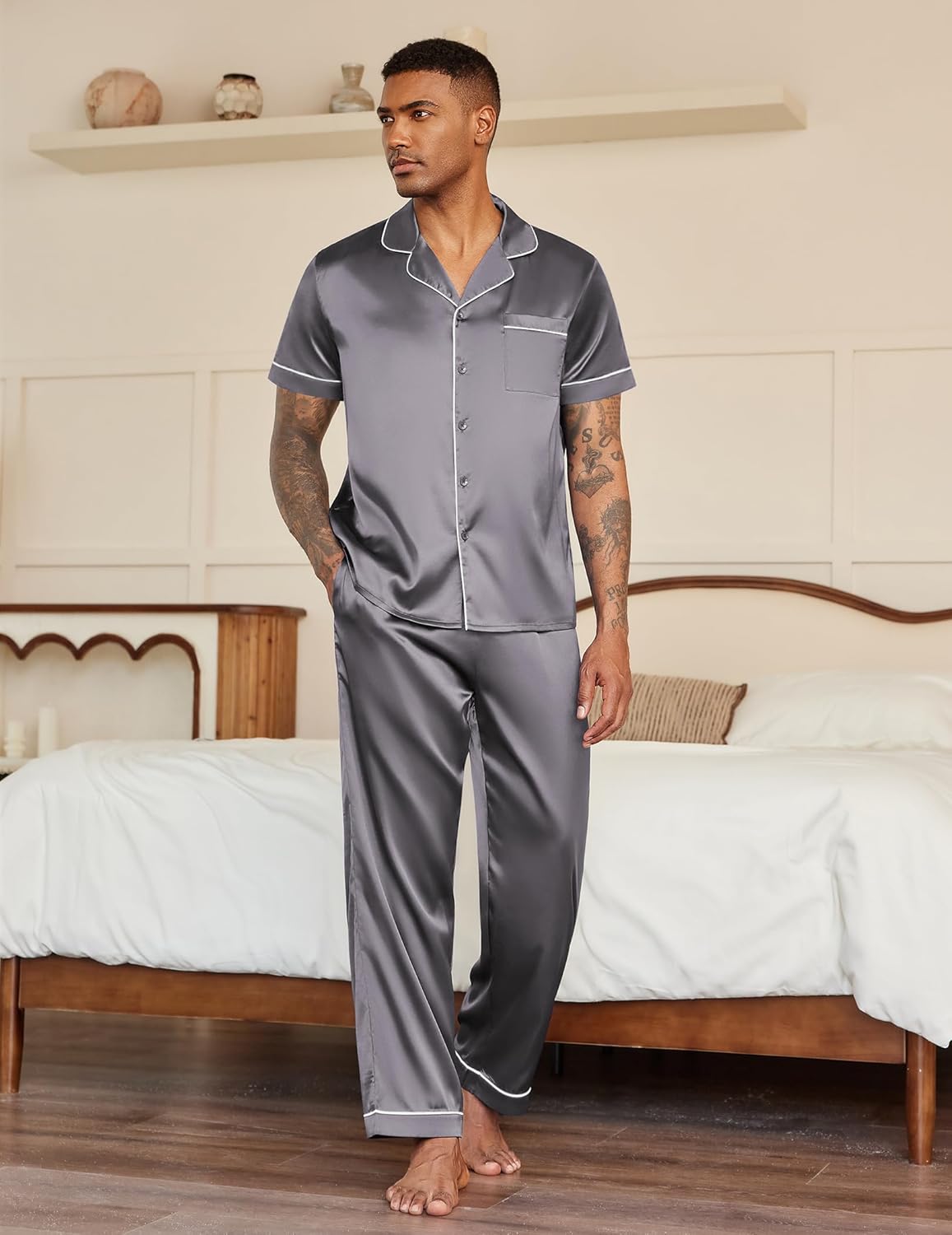 Mens satin pajama set, button-up shirt and lounge pants, dark gray with contrast piping