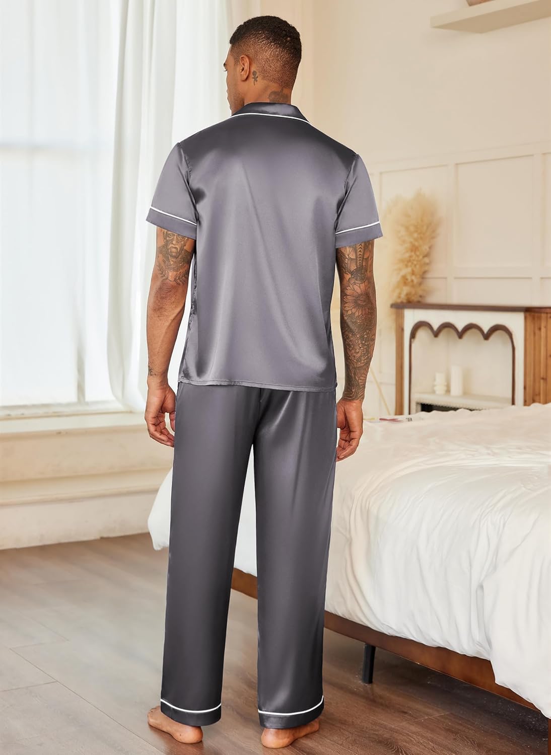 Mens satin pajama set, short-sleeve button-up and pants, dark gray, back view