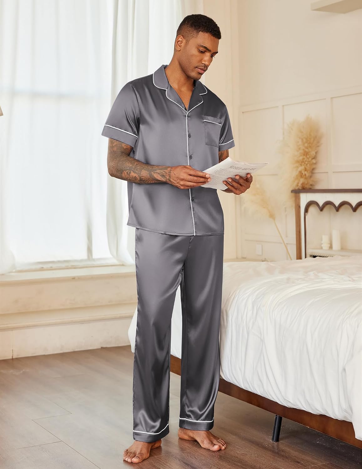Mens satin pajama set, short-sleeve button-up and pants, dark gray, front view