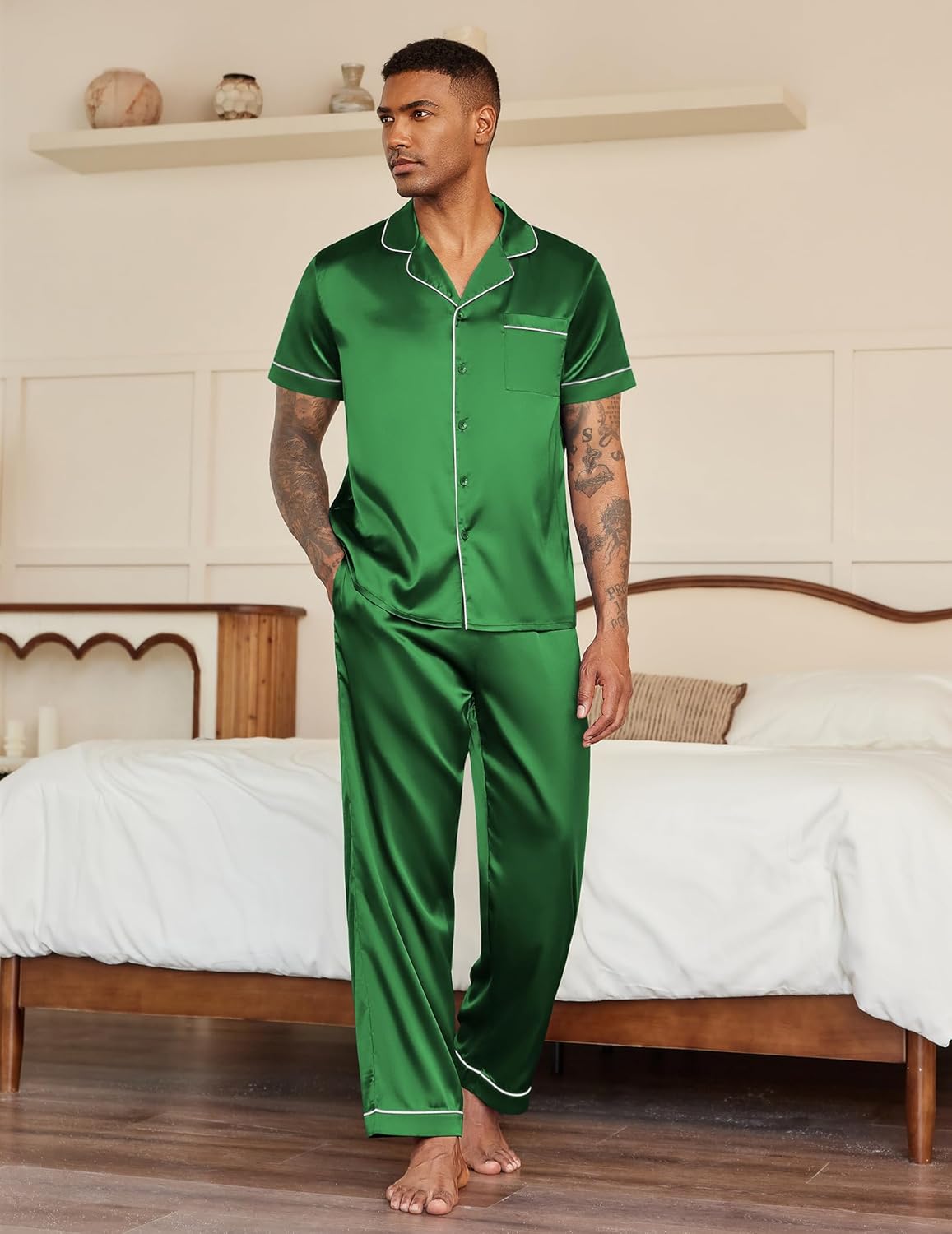 Ekouaer men's green satin pajama set, button-down shirt and matching pants, white piping