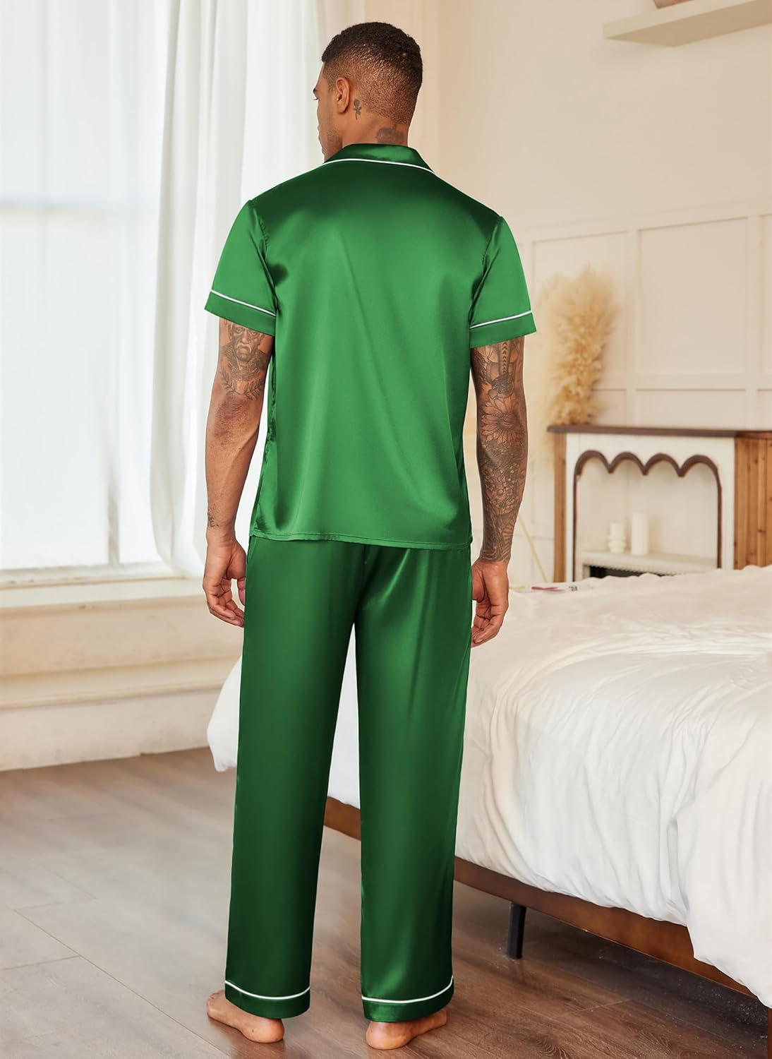 Men's green satin pajama set, back view: button shirt and straight-leg pants with white trim