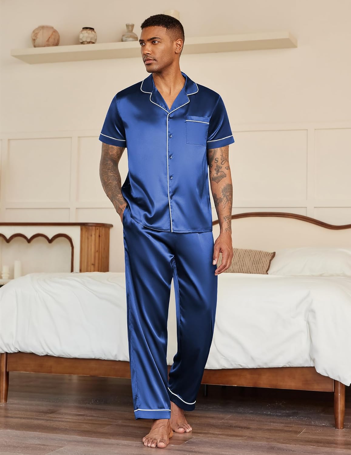 Ekouaer mens satin pajama set, navy blue short-sleeve button shirt and long pants