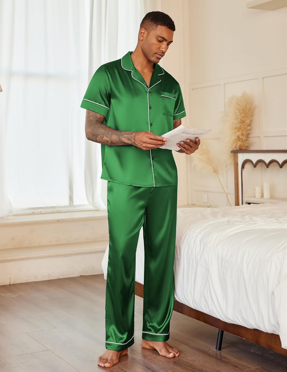 Mens satin pajama set with button-down shirt and pants, green with contrast trim
